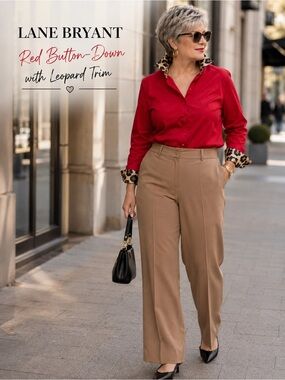 Lane Bryant Red Button-Down Shirt with Leopard trim